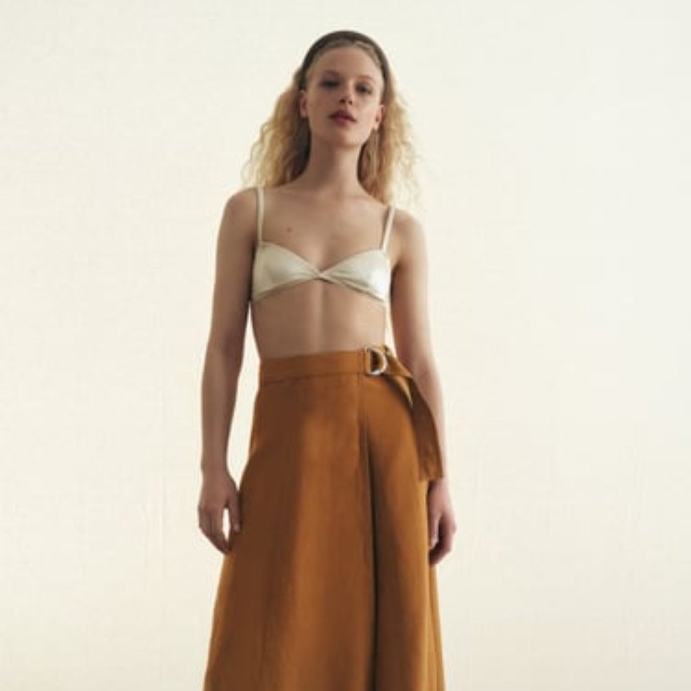 ZARA LINEN BLEND PAREO/WRAP SKIRT TAUPE BROWN - L